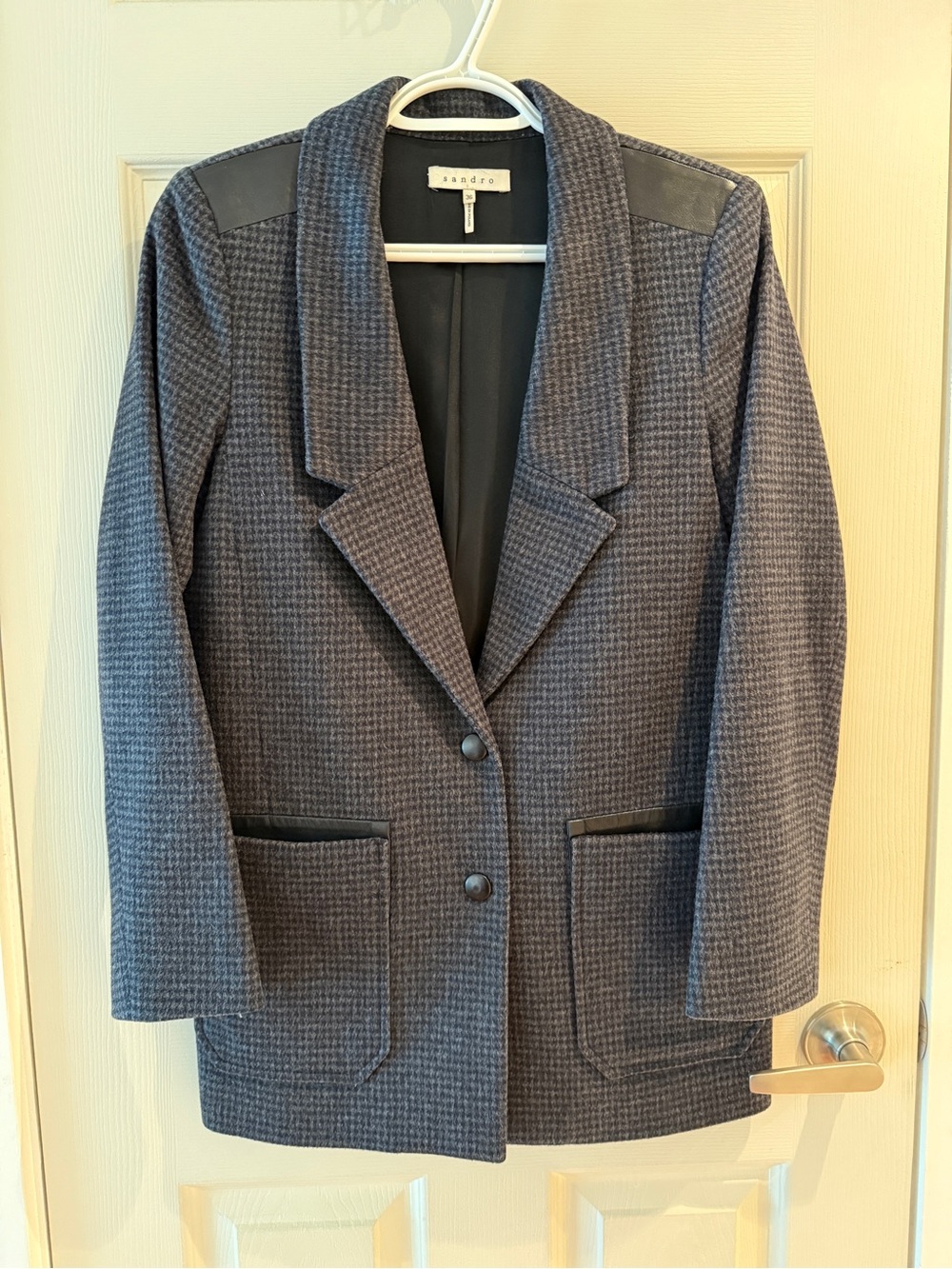 Sandro Women's Charcoal Gray Houndstooth Blazer with Leather Trim